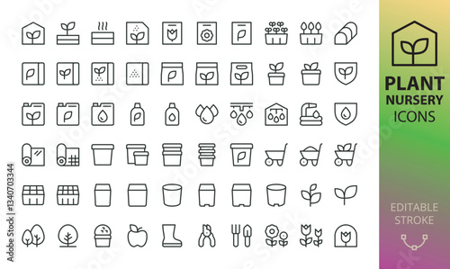Plant nursery icons set. Set of garden center, hotbed, seeds, greenhouse, perlite, turf, soil bag, peat, black plastic pots, agrotextile, plastic cellular cassette for seedlings, ornamental trees icon