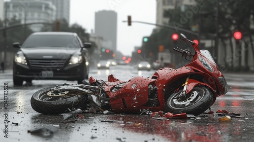 A tragic motorcycle accident scene on a rainy urban street highlights the importance of road safety, with a damaged red motorcycle lying amidst the traffic chaos.