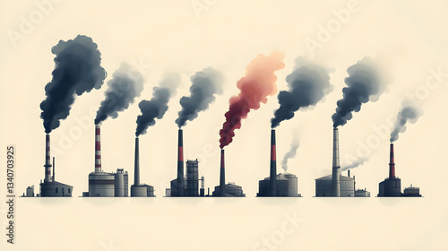 Minimalist 2D vector illustration of industrial factory with smoke and gray clouds photo