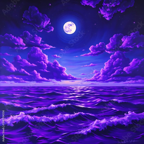 The moonlit sea, clouds, moon, and stars have an otherworldly appearance with soft focus and a hazy background art illustration design