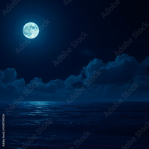 The moonlit sea, clouds, moon, and stars have an otherworldly appearance with soft focus and a hazy background art illustration design