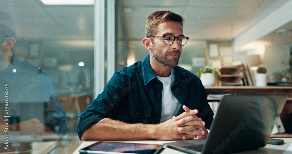 Fototapeta premium Businessman, journalist and research with laptop in office, information and news for publication. Deadline, male person and content writer with glasses for proofreading, editing story or digital blog