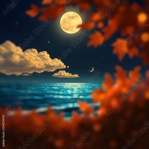 The moonlit sea, clouds, moon, and stars have an otherworldly appearance with soft focus and a hazy background art illustration design
