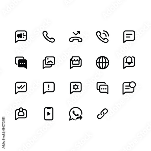 A comprehensive collection of essential UI icons for various applications and websites, covering communication, navigation, and general functions. These icons are designed with a clean, modern style