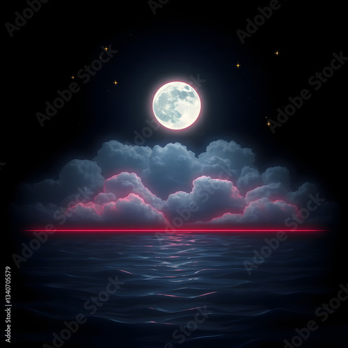 The moonlit sea, clouds, moon, and stars have an otherworldly appearance with soft focus and a hazy background art illustration design
