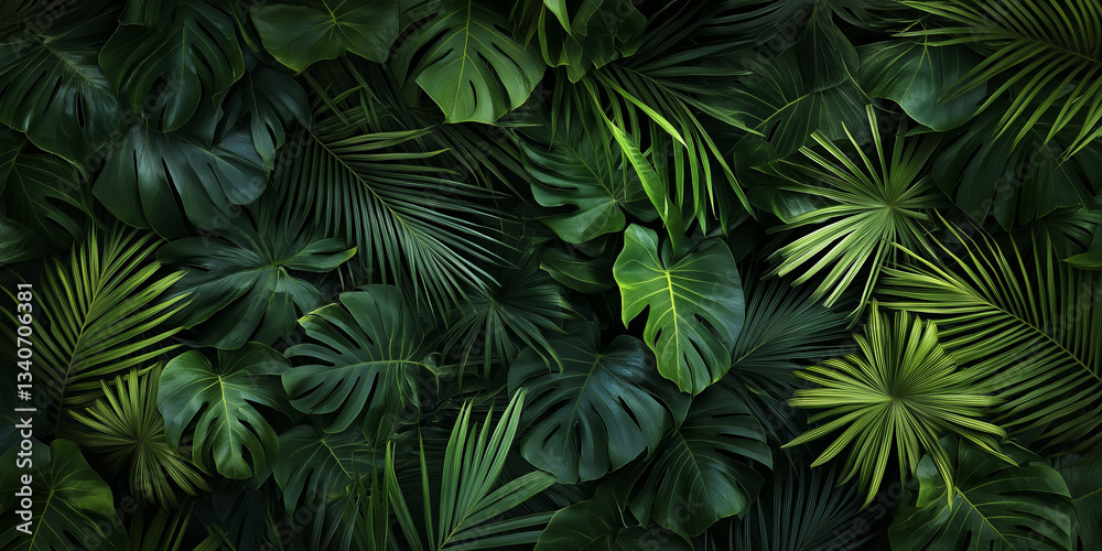 A serene scene of dark green tropical palm tree leaves background. A serene scene of dark green tropical palm tree leaves background.
