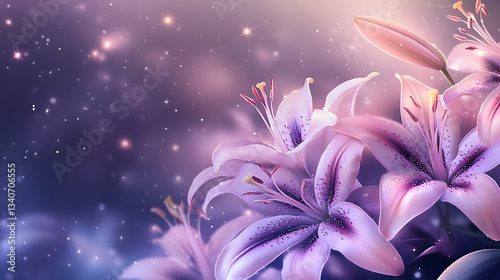 Beautiful purple gradient background with delicate pink and purple lilies. Stars shine in the background.