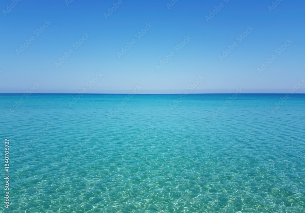 Serene turquoise ocean water with sun rays reflecting on the surface, clear blue sky background, perfect for summer vacation advertising, travel and relaxation concept Serene turquoise ocean water with sun rays reflecting on the surface, clear blue sky background, perfect for summer vacation advertising, travel and relaxation concept