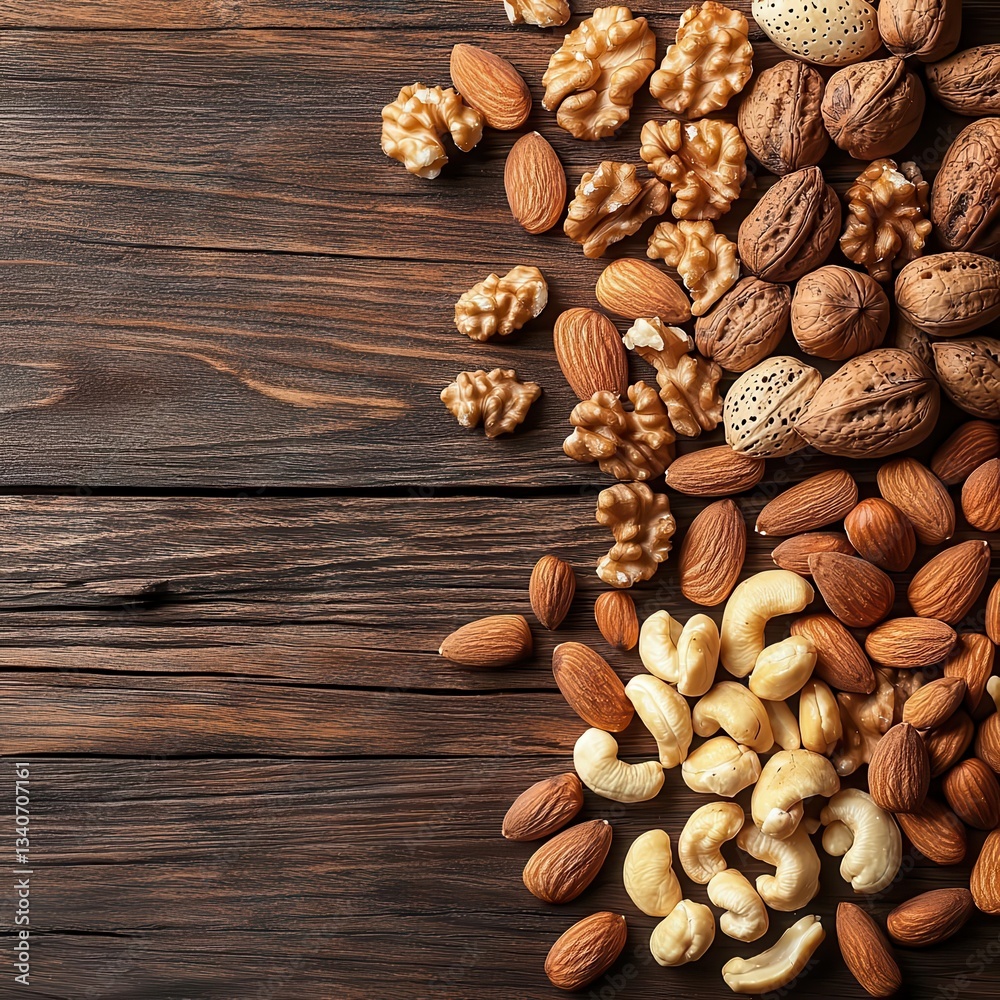 A variety of nuts including almonds, walnuts, and cashews on a wooden surface, empty space available. A variety of nuts including almonds, walnuts, and cashews on a wooden surface, empty space available.