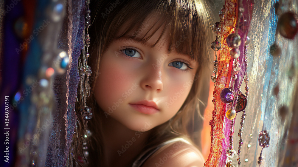A young girl gazes thoughtfully through colorful, shimmering fabrics. A young girl gazes thoughtfully through colorful, shimmering fabrics.