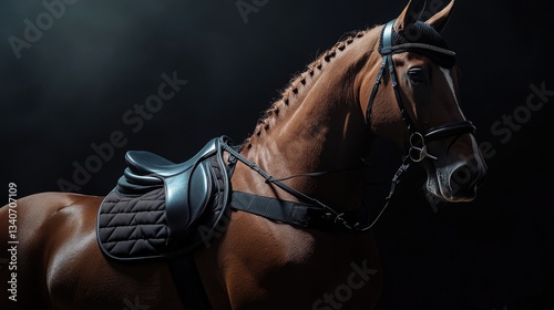 A brown horse with a saddle standing in a dark setting, ready for riding photo