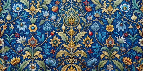 Royal Blue Medieval Floral Tapestry Wallpaper Panoramic Background Design