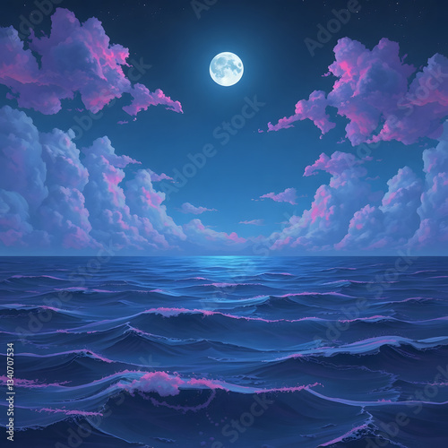 The moonlit sea, clouds, moon, and stars have an otherworldly appearance with soft focus and a hazy background art illustration design