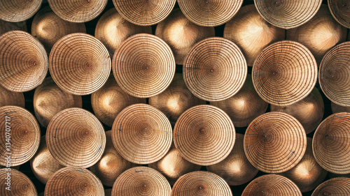 The ceiling is decorated with traditional national Vietnamese Non La hats. Background of bamboo cone hats