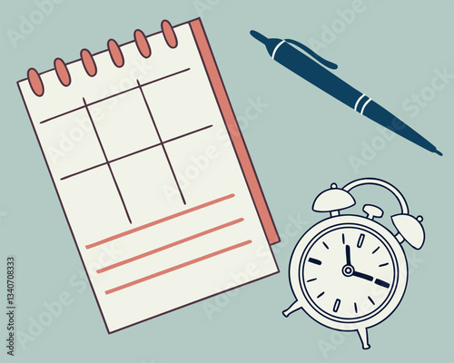 Time management illustration with a pen, alarm clock, and grid notepad for planning. Planning and scheduling concept depicted with a clock, pen, and blank grid notepad.