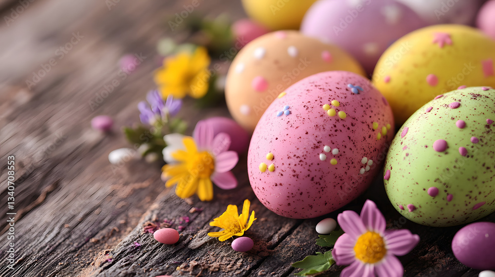 A vibrant collection of chocolate Easter eggs in various hues like yellow, pink, green, and purple, surrounded by small flowers and a few decorative elements on a wooden surface. A vibrant collection of chocolate Easter eggs in various hues like yellow, pink, green, and purple, surrounded by small flowers and a few decorative elements on a wooden surface.