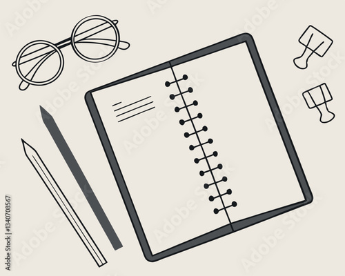 Minimalist office desk illustration with notepad, pencil, glasses, and paperclips on a light background. Clean workspace design featuring a notebook, pen, spectacles, and paper clips in a flat lay.