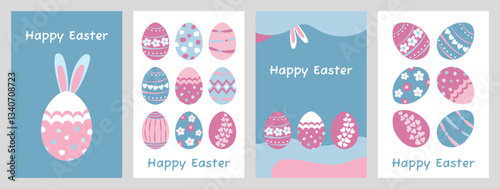 Happy Easter Day poster set. Eggs colorful illustrations. Vector design elements in blue, pink and white colors. Religious Easter cards in flat hand-drawn style.