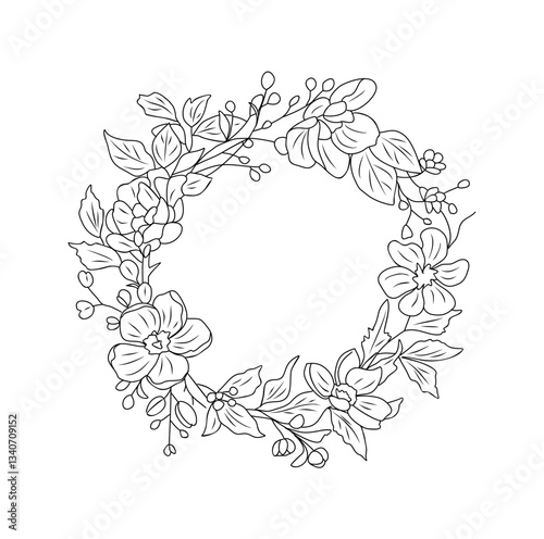 Hand drawn botanical wreath line art vector illustration isolated on transparent background. Circle frame with wild flowers and leaves in black ink sketch style. Wedding invitation.