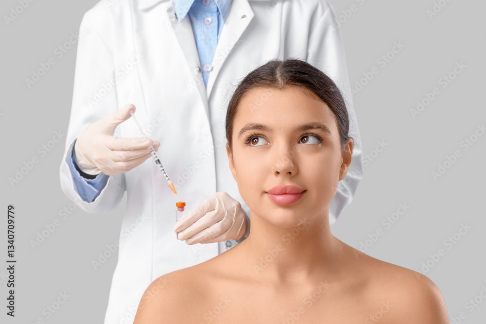 Naklejka premium Cosmetologist holding ampule with syringe and beautiful young woman on grey background. Plastic surgery concept