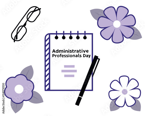 Administrative Professionals' Day celebration design with flowers and stationery.
