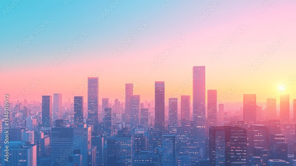 Fototapeta premium Cityscape glows under a vibrant pastel colored sunrise sky