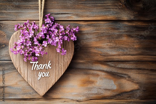 
A wooden heart with purple flowers hanging on the wall, written in cursive font 