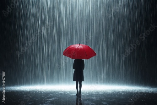Person with red umbrella standing alone in heavy rain with dramatic light and shadows