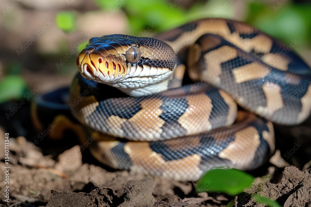 Obraz premium A close-up view of a snake on the ground, its body coiled and ready to strike