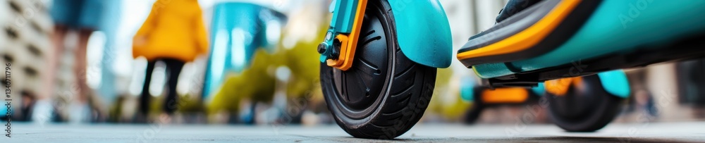 Fototapeta premium Urban Micro-Mobility Revolution Electric Scooter Charging Station Showcasing Sustainable Transit Innovation in Vibrant City Landscape for Smart Commuter Solutions