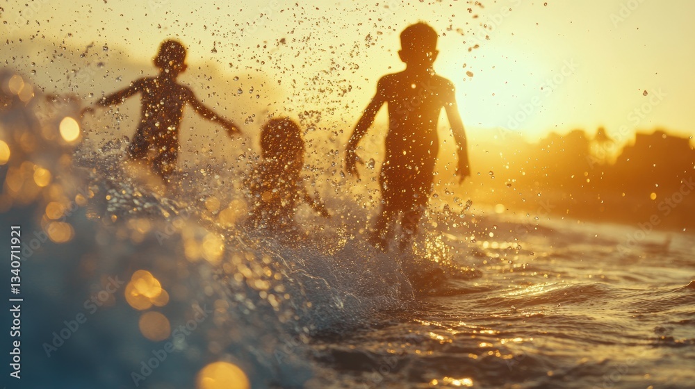 Joyful Parents and Kids Playing in Ocean Waves Under Bright Sunlight Joyful Parents and Kids Playing in Ocean Waves Under Bright Sunlight