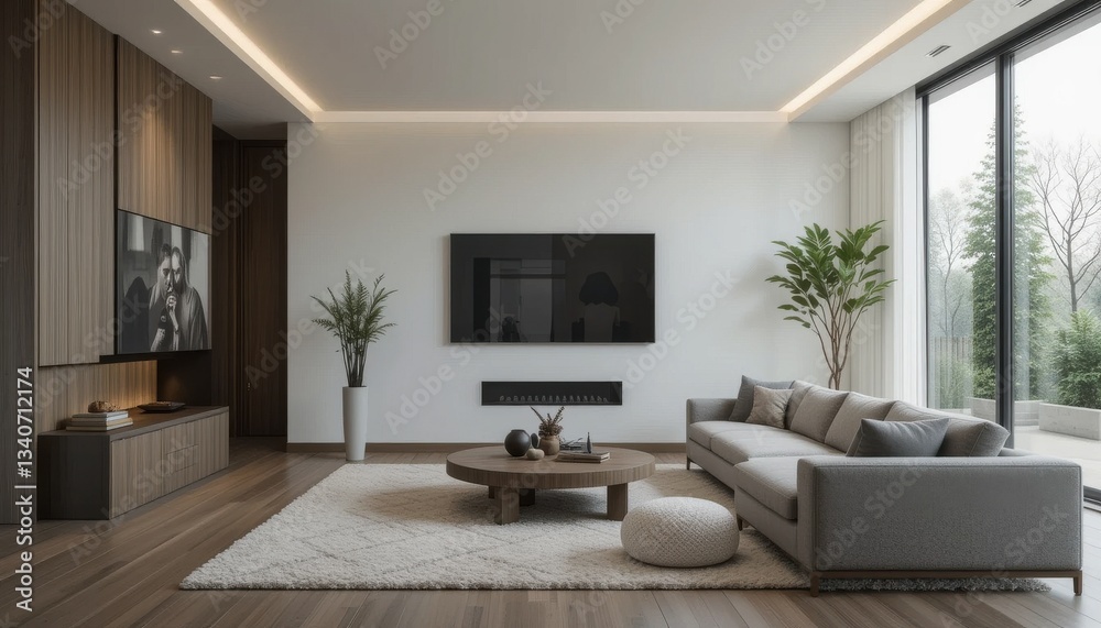 Fototapeta premium Modern living room design contemporary home interior decor cozy atmosphere wide-angle perspective minimalist elegance for enhanced relaxation