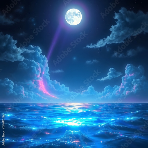 The moonlit sea, clouds, moon, and stars have an otherworldly appearance with soft focus and a hazy background art illustration design