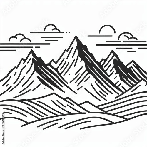 Clean simple line art depicting a series of mountain peaks Empha