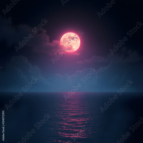 The moonlit sea, clouds, moon, and stars have an otherworldly appearance with soft focus and a hazy background art illustration design