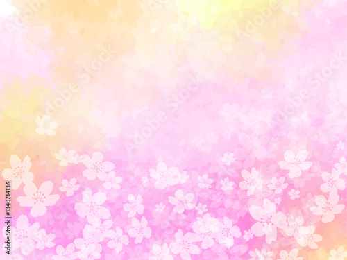 春の桜と花びらイメージのテクスチャー背景素材。桜並木とあたたかい陽射しのイメージ。
