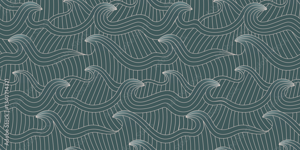 Fototapeta premium Hand drawn linear ripple waves, ocean, sea, water seamless pattern. Green abstract oriental style background
