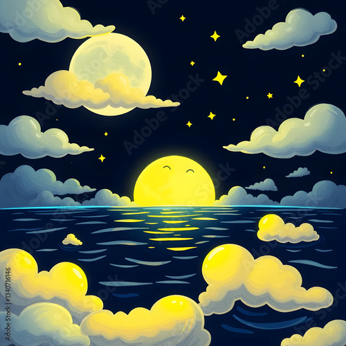 The moonlit sea, clouds, moon, and stars have an otherworldly appearance with soft focus and a hazy background art illustration design