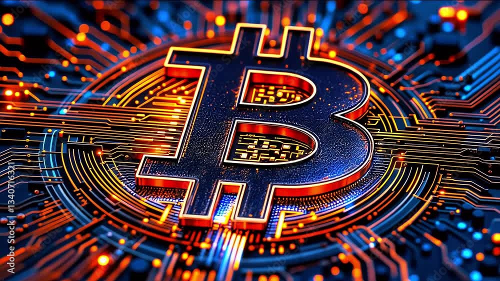 Digital representation of cryptocurrency with intricate circuitry and vibrant colors illustrating technology