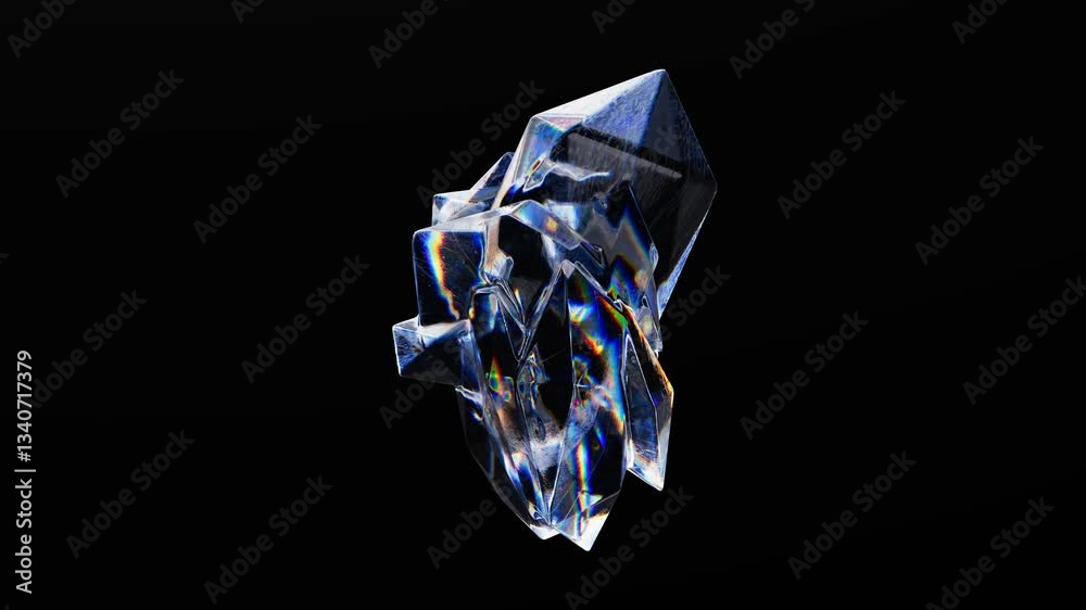 Abstract rotating crystal shape with dispersion effect on black background. 3D futuristic motion animation in a seamless loop