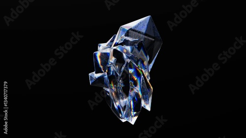 Abstract rotating crystal shape with dispersion effect on black background. 3D futuristic motion animation in a seamless loop