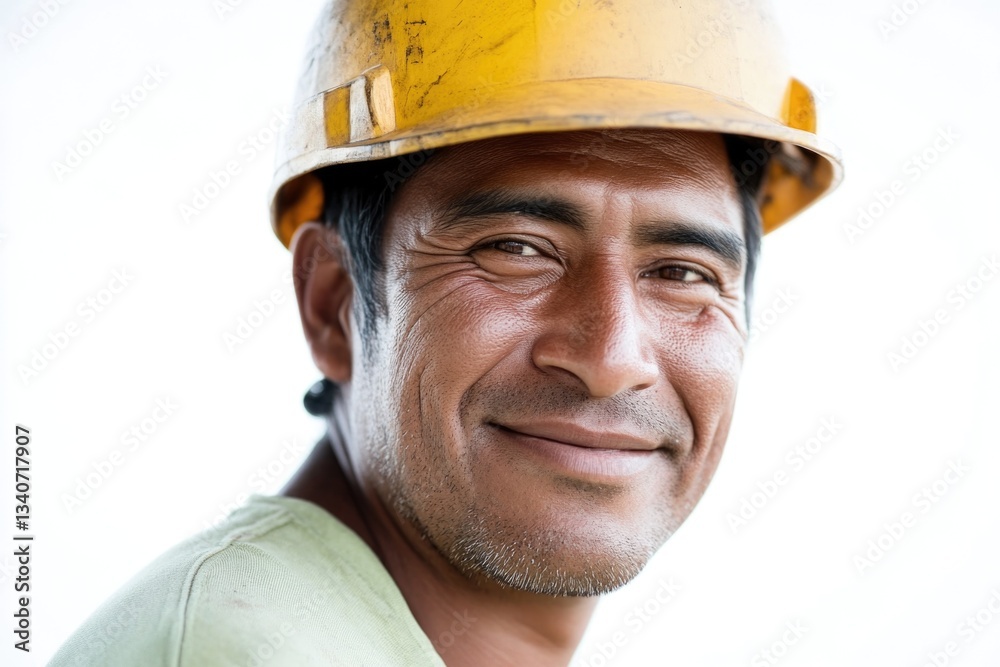 A construction worker wearing a hard hat and smiling, possibly on a job site A construction worker wearing a hard hat and smiling, possibly on a job site