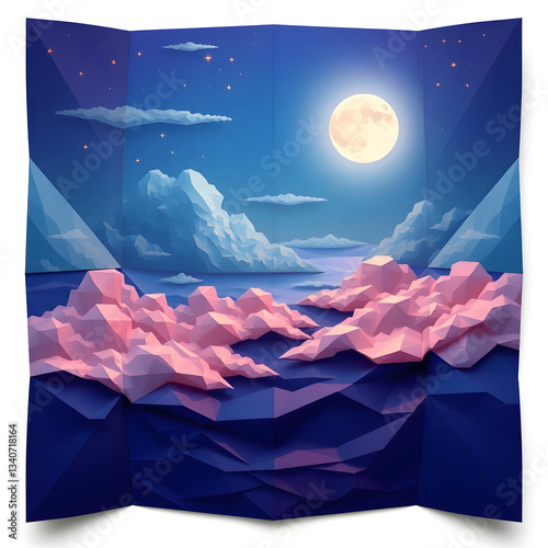 The moonlit sea, clouds, moon, and stars have an otherworldly appearance with soft focus and a hazy background art illustration design