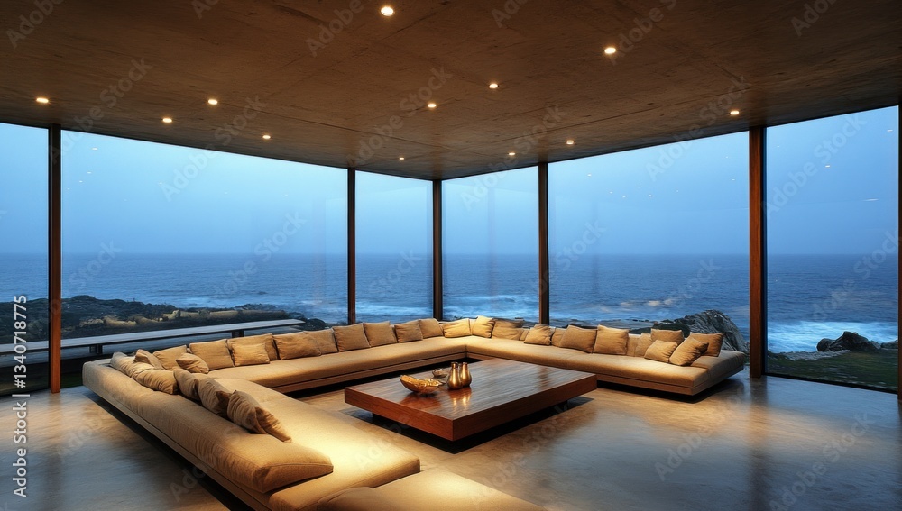Fototapeta premium A luxurious modern living room overlooking a vast ocean view