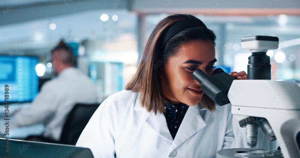 Scientist, woman and microscope in lab, study and with smile medical research for human genome sequence. Person, happy and excited for progress with clinical trial, investigation and DNA analysis Scientist, woman and microscope in lab, study and with smile medical research for human genome sequence. Person, happy and excited for progress with clinical trial, investigation and DNA analysis