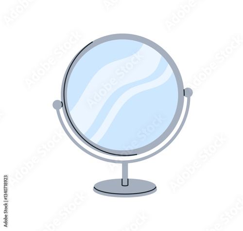 Round table desktop mirror on desk stand, metal frame. Beauty cosmetic grooming tabletop accessory for makeup, dressing. Flat graphic vector illustration isolated on white background