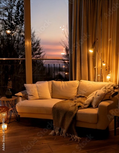 A cozy evening scene with a soft beige sofa and the flickering glow of warm candlelight