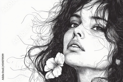 Black and white line art illustration of a beautiful woman with wavy hair and flowers