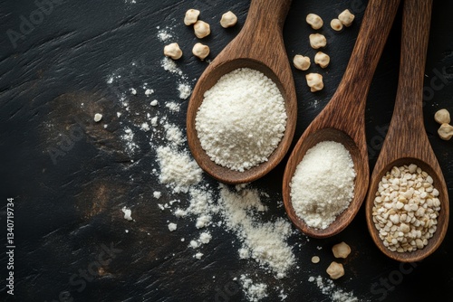 Close-up of white powder ingredient in a wooden spoon on a rustic dark background