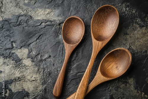 Top view of three empty wooden spoons on a dark rustic textured background with copy space